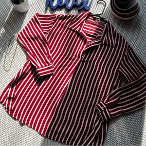 Business casual, long sleeve, stripped v-neck.